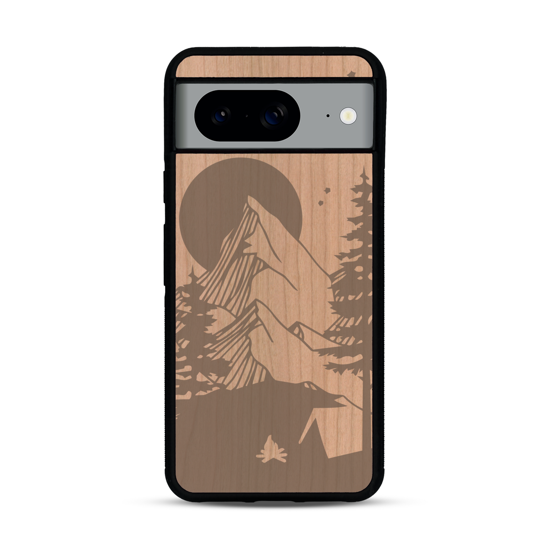 Coque de protection en bois véritable fabriquée en France pour  sur le thème du camping en pleine nature représentant une tente avec un feu de camp entouré de montagnes