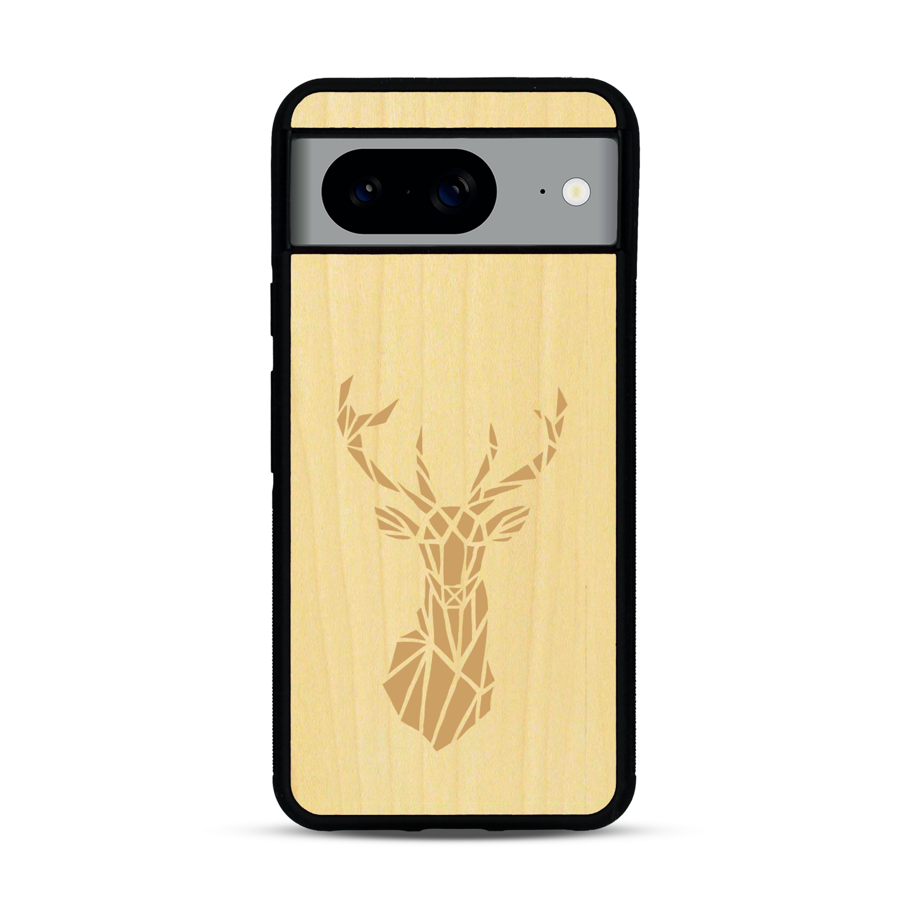 Coque de protection en bois véritable fabriquée en France pour  sur le thème de la nature et des animaux représentant une tête de cerf gométrique avec un design moderne et minimaliste