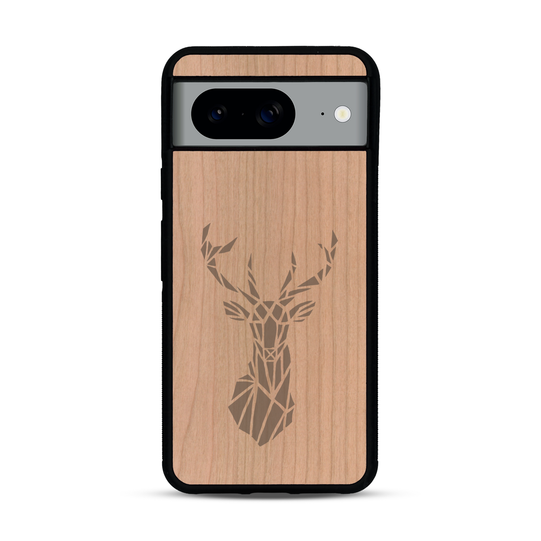 Coque de protection en bois véritable fabriquée en France pour  sur le thème de la nature et des animaux représentant une tête de cerf gométrique avec un design moderne et minimaliste