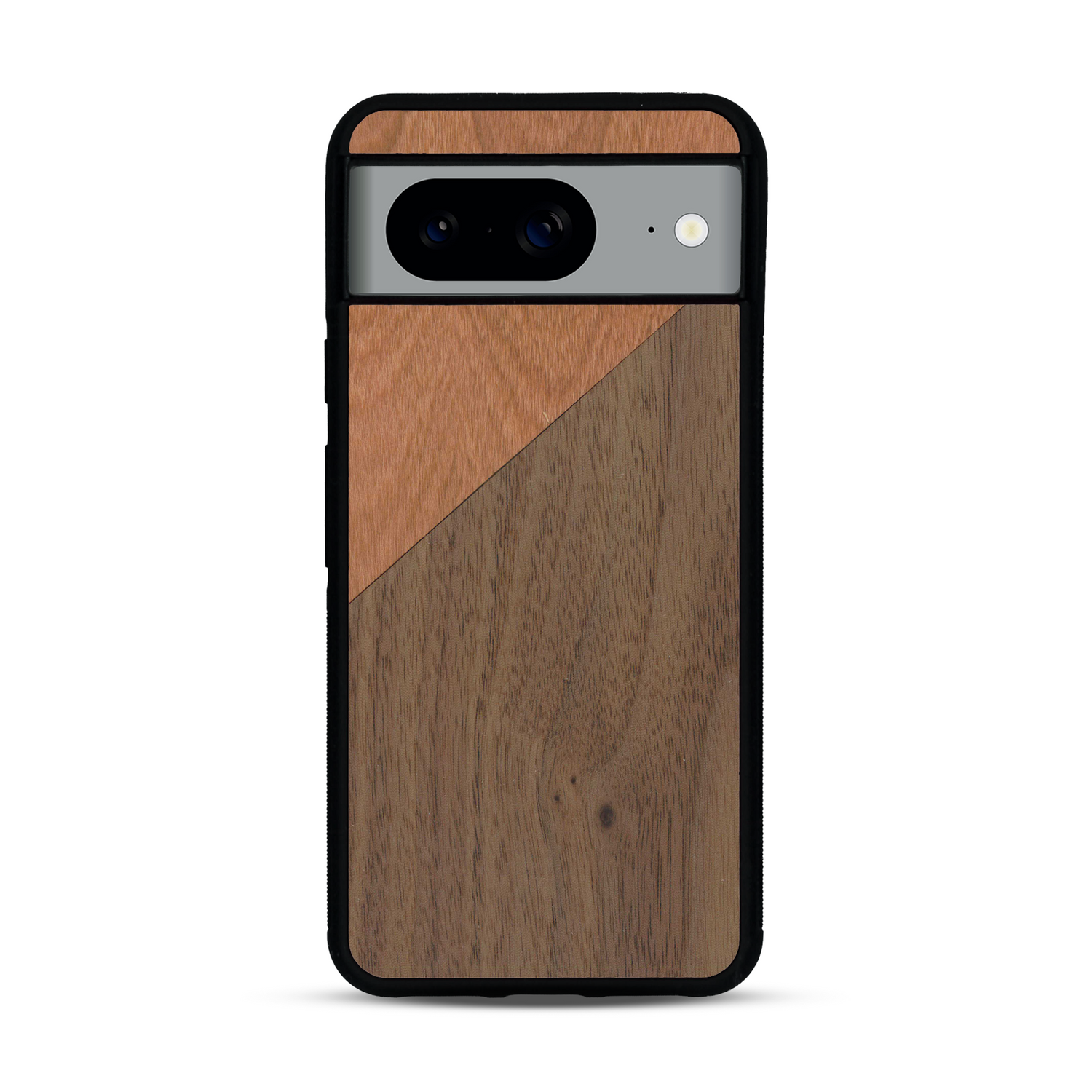 Coque de protection en bois véritable fabriquée en France pour  alliant du merisier et du noyer formant chacun un triangle avec une jointure en diagonale sur le thème de l'art abstrait