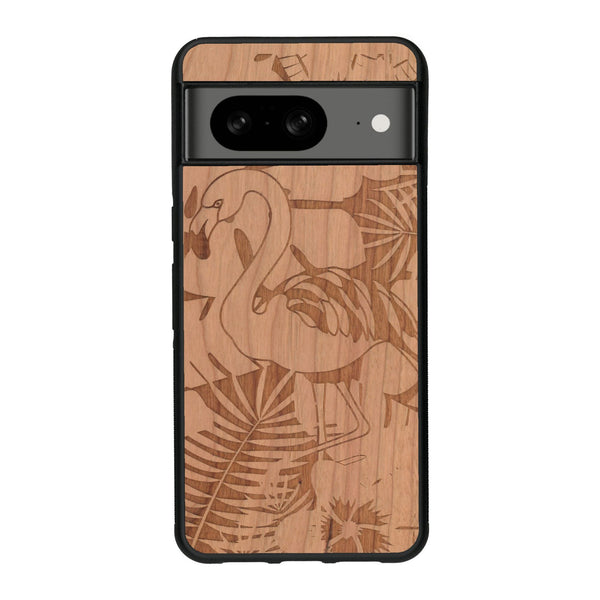 Coque de protection en bois véritable fabriquée en France pour Google Pixel 8 sur le thème de la nature et des animaux représentant un flamant rose entre des fougères