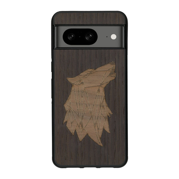 Coque de protection en bois véritable fabriquée en France pour Google Pixel 8 alliant du chêne fumé et du noyer représentant une tête de loup géométrique de profil sur le thème des animaux et de la nature