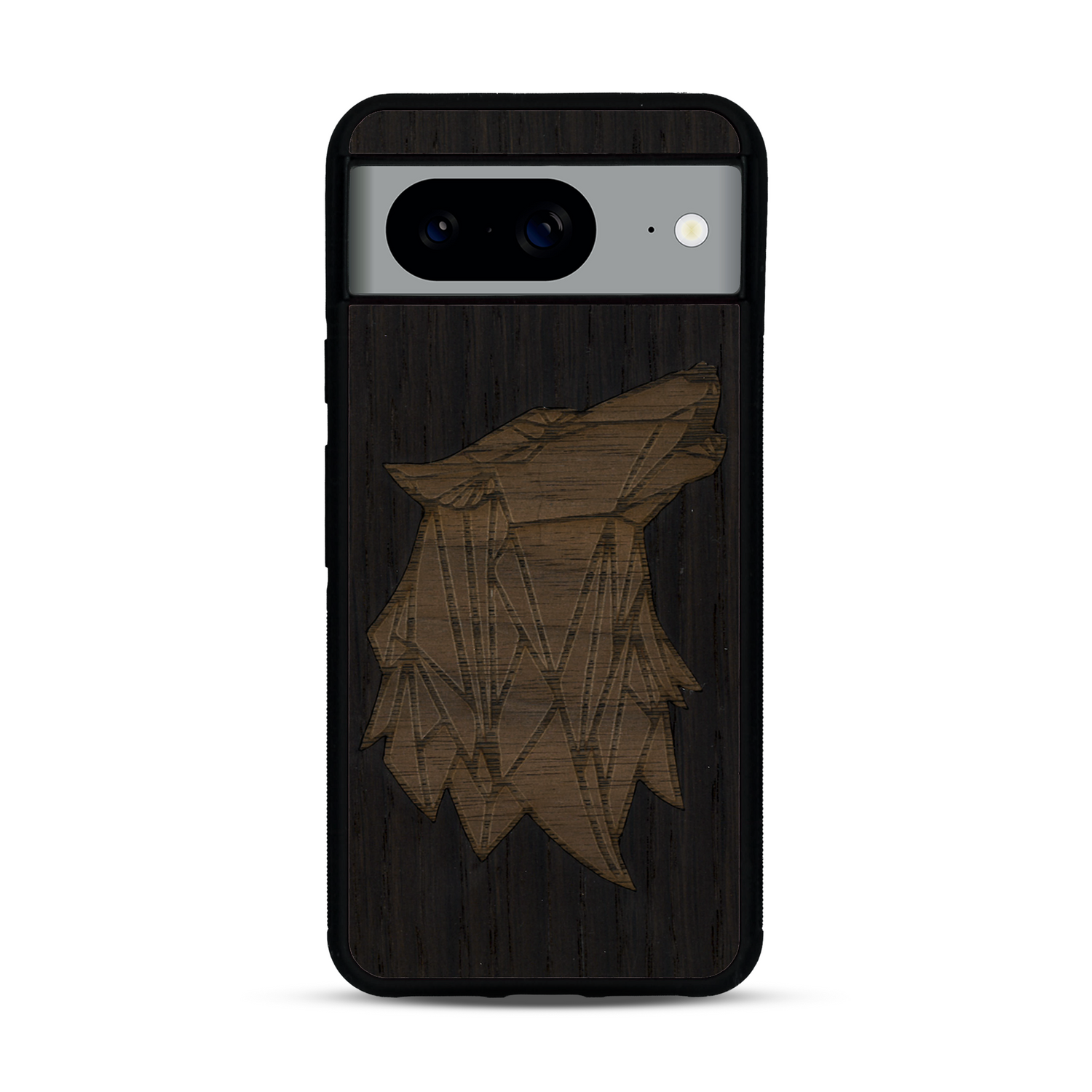 Coque de protection en bois véritable fabriquée en France pour  alliant du chêne fumé et du noyer représentant une tête de loup géométrique de profil sur le thème des animaux et de la nature