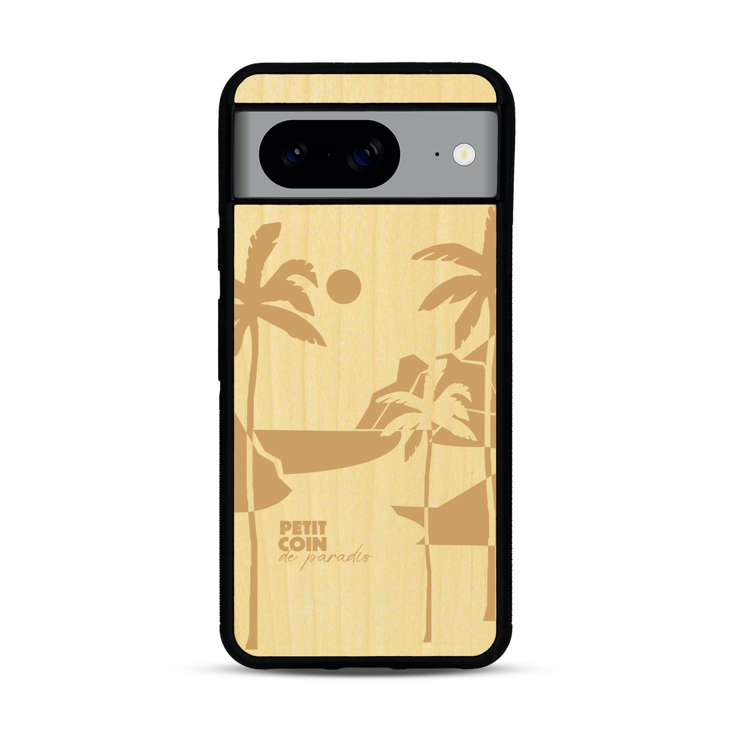 Coque de protection en bois véritable fabriquée en France pour  sur le thème des voyages en vans, vanlife et chill avec une gravure représentant un van vw combi devant le soleil couchant sur une plage avec des vagues