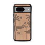 Coque de protection en bois véritable fabriquée en France pour  sur le thème des voyages en vans, vanlife et chill avec une gravure représentant un van vw combi devant le soleil couchant sur une plage avec des vagues