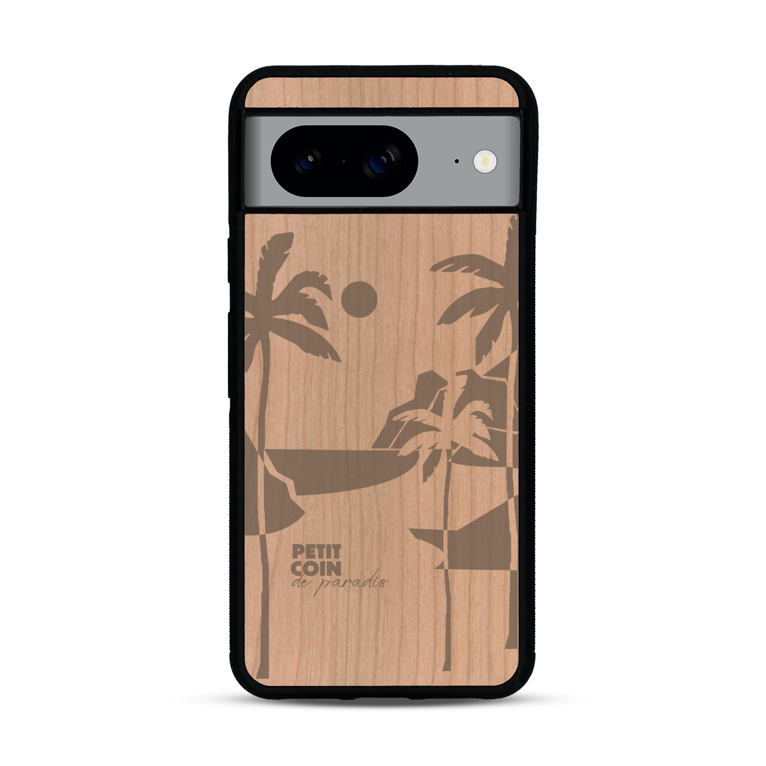 Coque de protection en bois véritable fabriquée en France pour  sur le thème des voyages en vans, vanlife et chill avec une gravure représentant un van vw combi devant le soleil couchant sur une plage avec des vagues