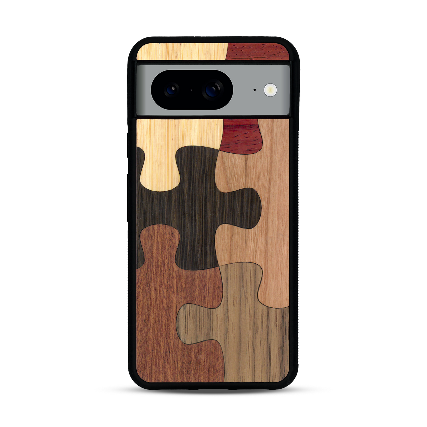 Coque de protection en bois véritable fabriquée en France pour  représentant un puzzle en six pièces qui allie du chêne fumé, du noyer, du bambou, du padouk, du merisier et de l'acajou