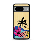 Coque de protection en bois véritable fabriquée en France pour Google Pixel 8 représentant un tigre coloré avec un design moderne et minimaliste sur le thème de la jungle et de la nature