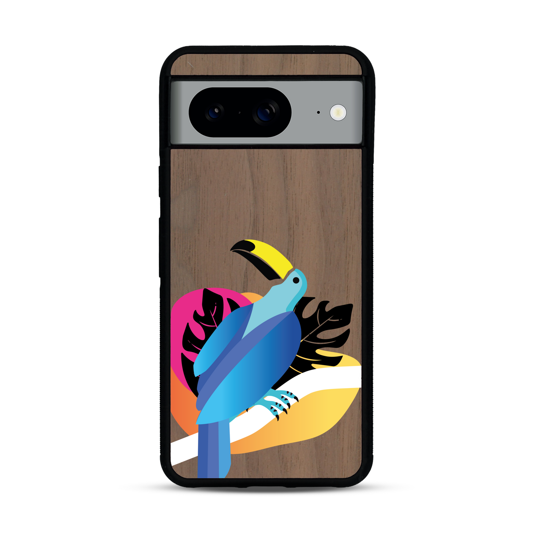 Coque de protection en bois véritable fabriquée en France pour Google Pixel 8 représentant un toucan coloré avec un design moderne et minimaliste sur le thème de la jungle et de la nature