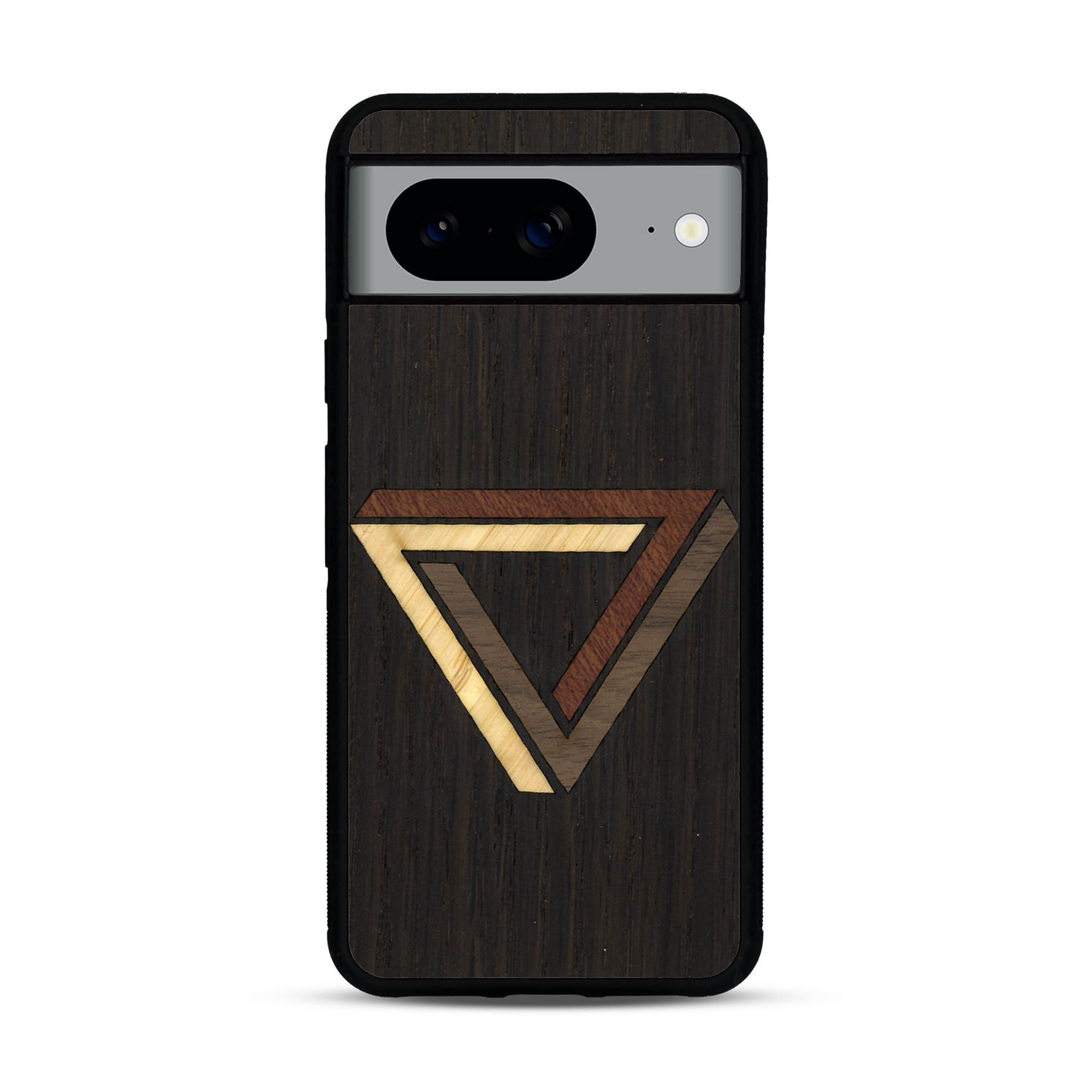 Coque de protection en bois véritable fabriquée en France pour  sur le thème de l'art géométrique qui allie du chêne fumé, du noyer, du bambou et du padouk représentant le triangle de penrose