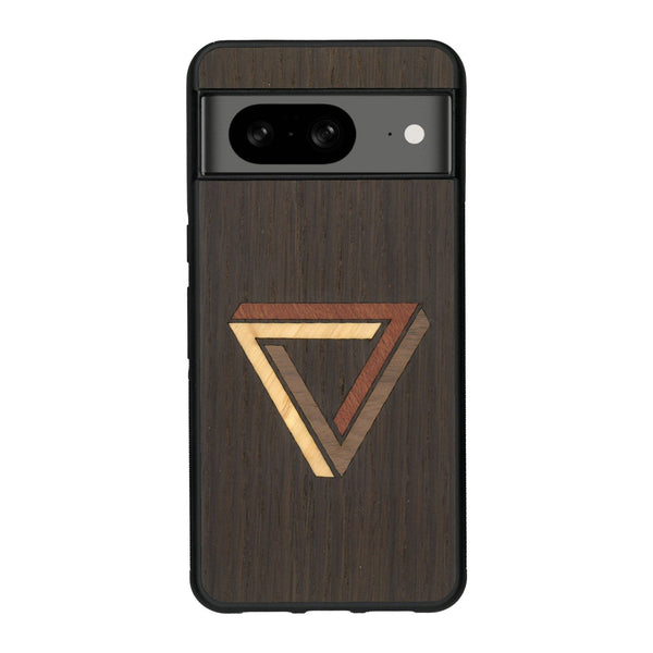 Coque de protection en bois véritable fabriquée en France pour Google Pixel 8 sur le thème de l'art géométrique qui allie du chêne fumé, du noyer, du bambou et du padouk représentant le triangle de penrose