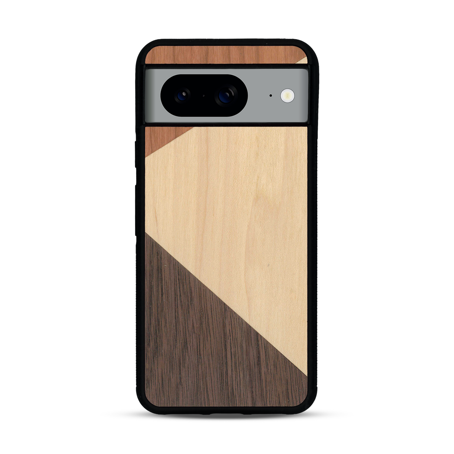 Coque de protection en bois véritable fabriquée en France pour  alliant du merisier, du noyer et du bambou formant chacun deux triangles et un trapèze avec deux jointures en diagonale sur le thème de l'art abstrait