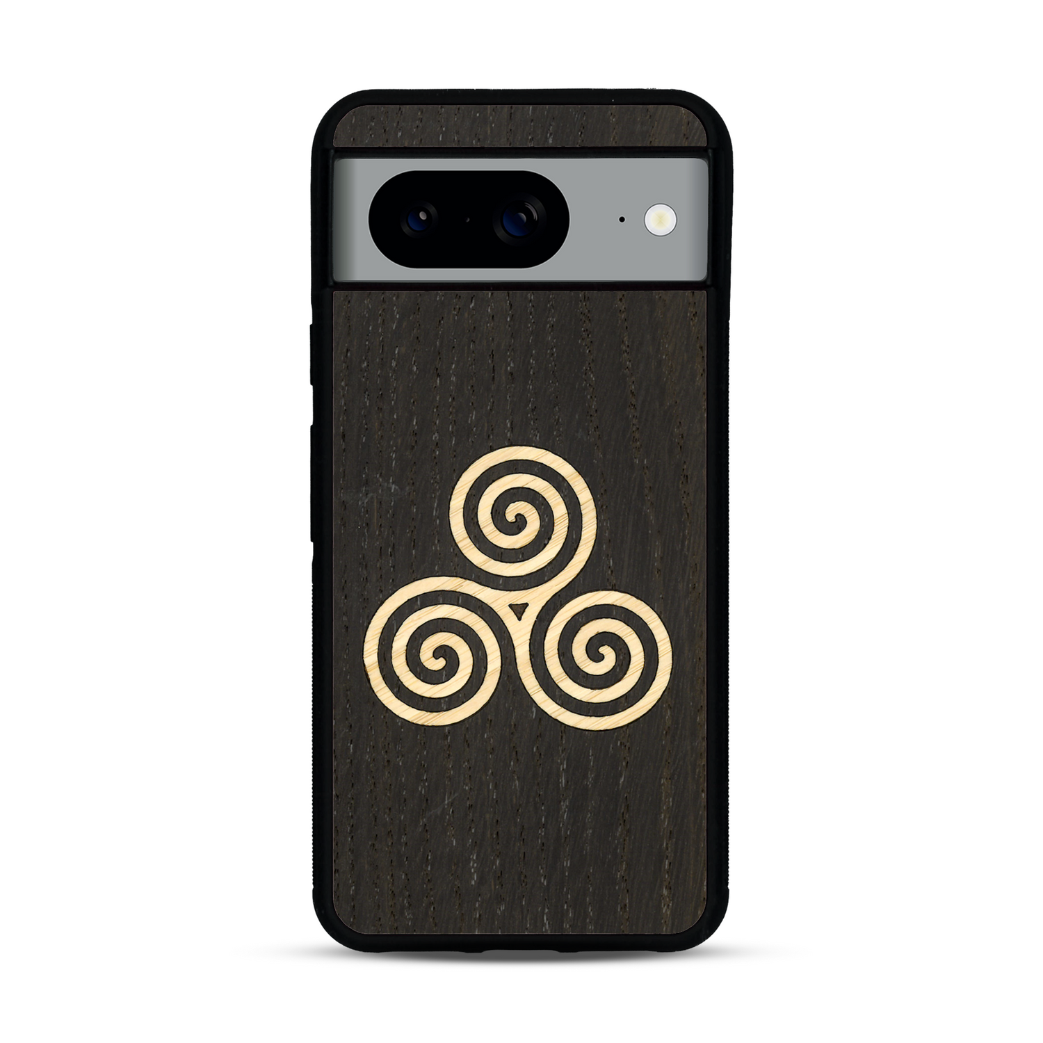 Coque de protection en bois véritable fabriquée en France pour  alliant du chêne fumé et du bambou et doré représentant un triskell