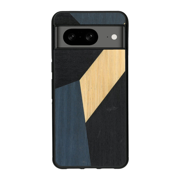 Coque de protection en bois véritable fabriquée en France pour Google Pixel 8 alliant du bambou, du tulipier bleu et noir en forme de mosaïque minimaliste sur le thème de l'art abstrait