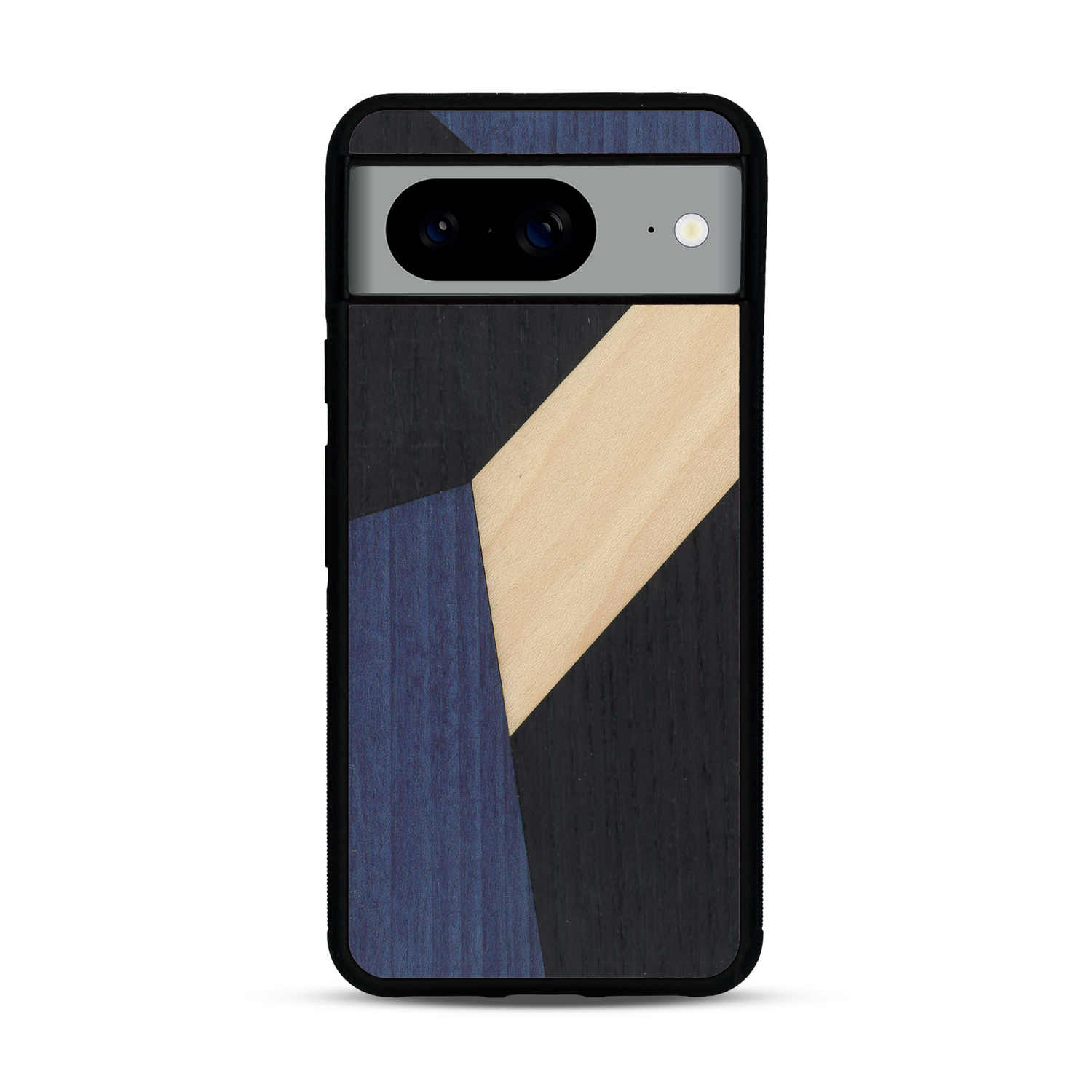 Coque de protection en bois véritable fabriquée en France pour  alliant du bambou, du tulipier bleu et noir en forme de mosaïque minimaliste sur le thème de l'art abstrait