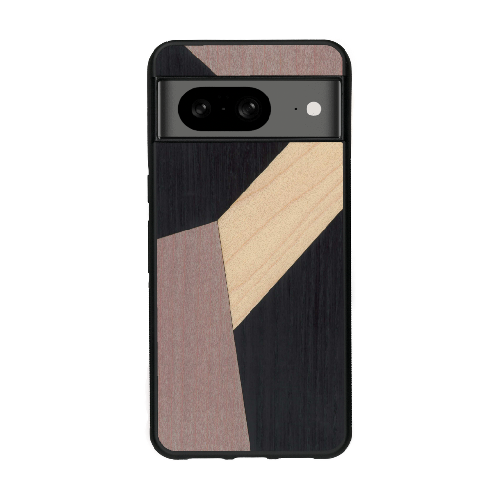 Coque de protection en bois véritable fabriquée en France pour Google Pixel 8 alliant du bambou, du tulipier mauve et noir en forme de mosaïque minimaliste sur le thème de l'art abstrait