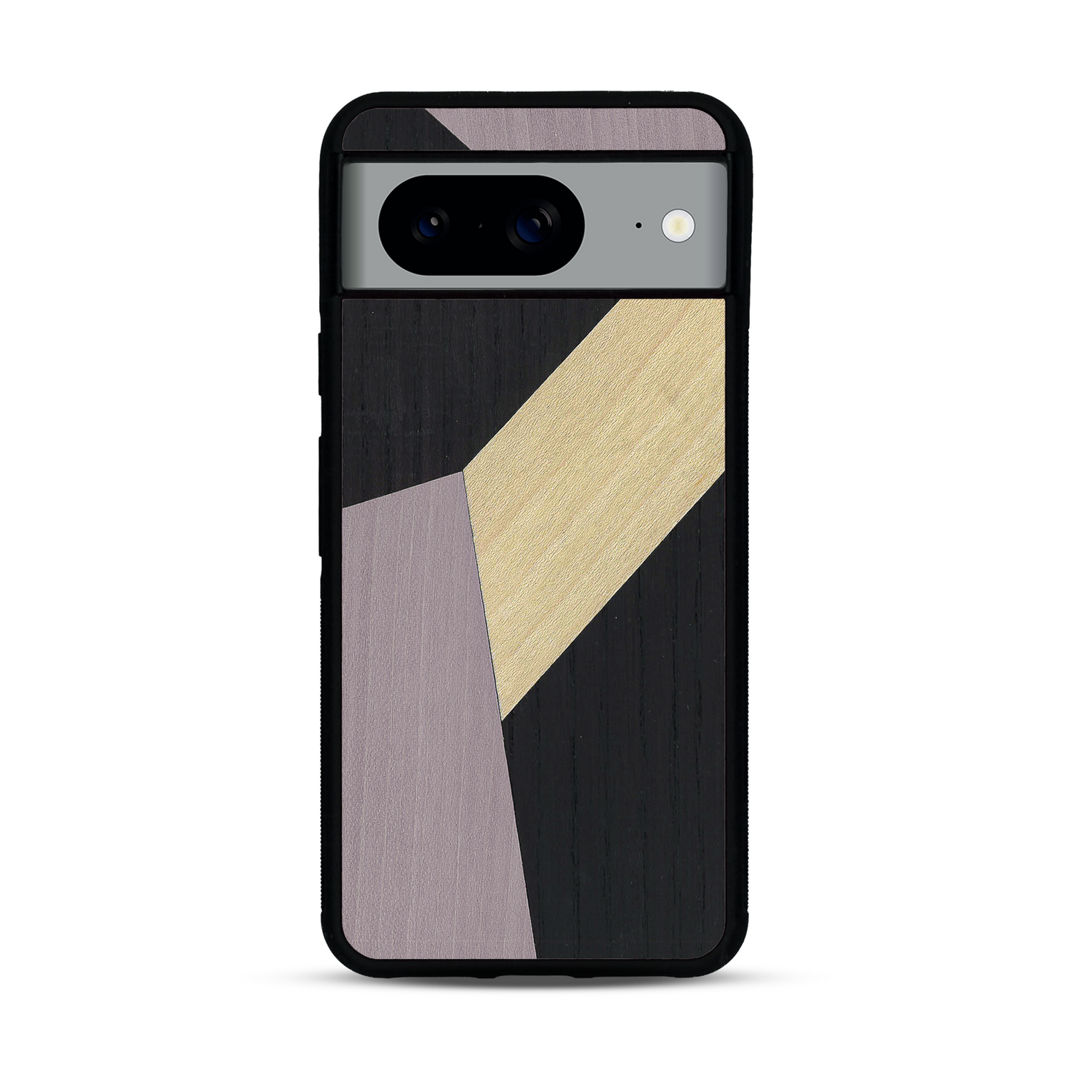 Coque de protection en bois véritable fabriquée en France pour  alliant du bambou, du tulipier mauve et noir en forme de mosaïque minimaliste sur le thème de l'art abstrait