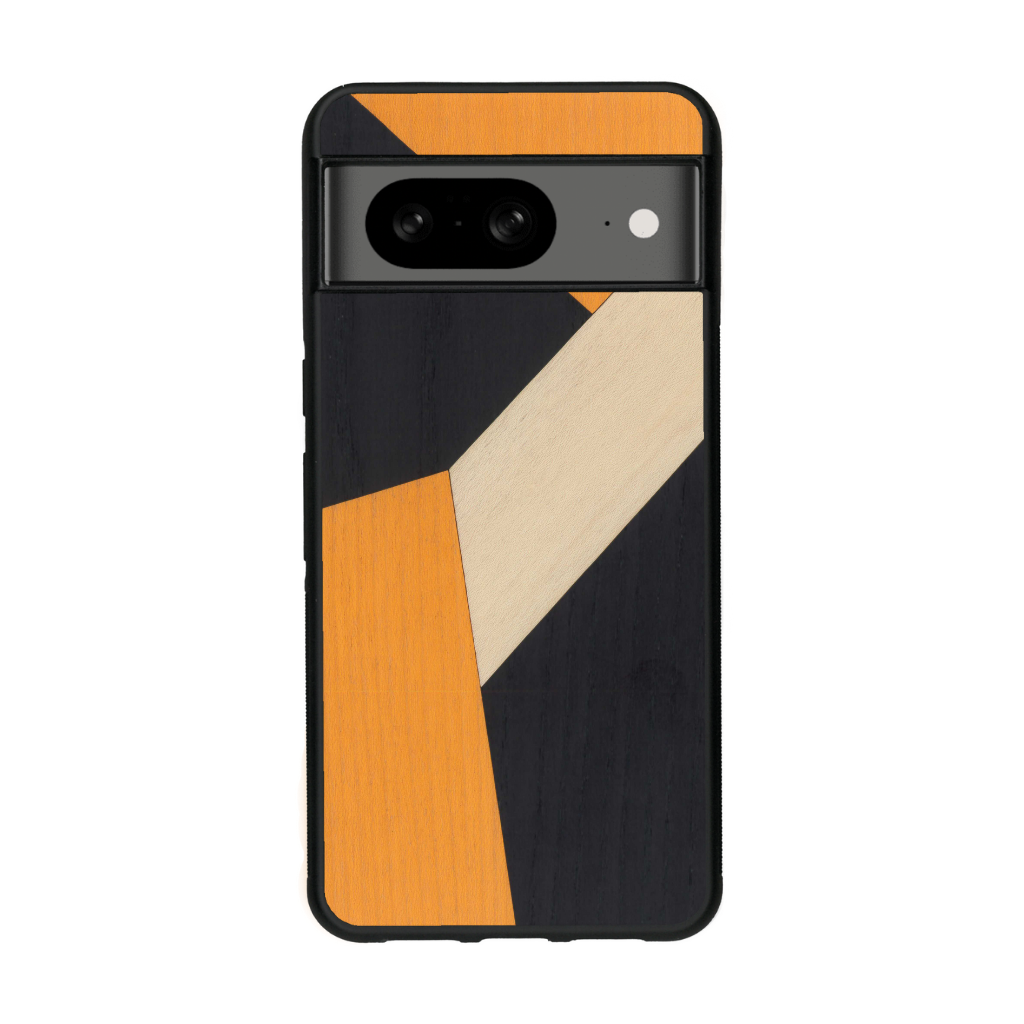 Coque de protection en bois véritable fabriquée en France pour Google Pixel 8 alliant du bambou, du tulipier orange et noir en forme de mosaïque minimaliste sur le thème de l'art abstrait