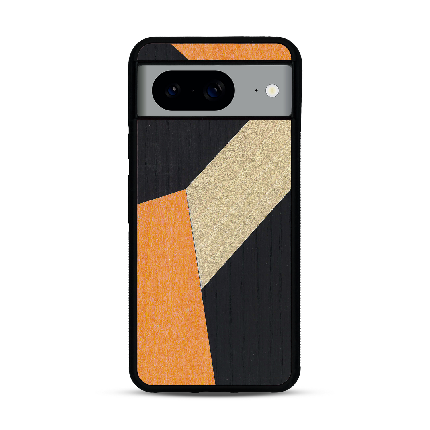 Coque de protection en bois véritable fabriquée en France pour  alliant du bambou, du tulipier orange et noir en forme de mosaïque minimaliste sur le thème de l'art abstrait