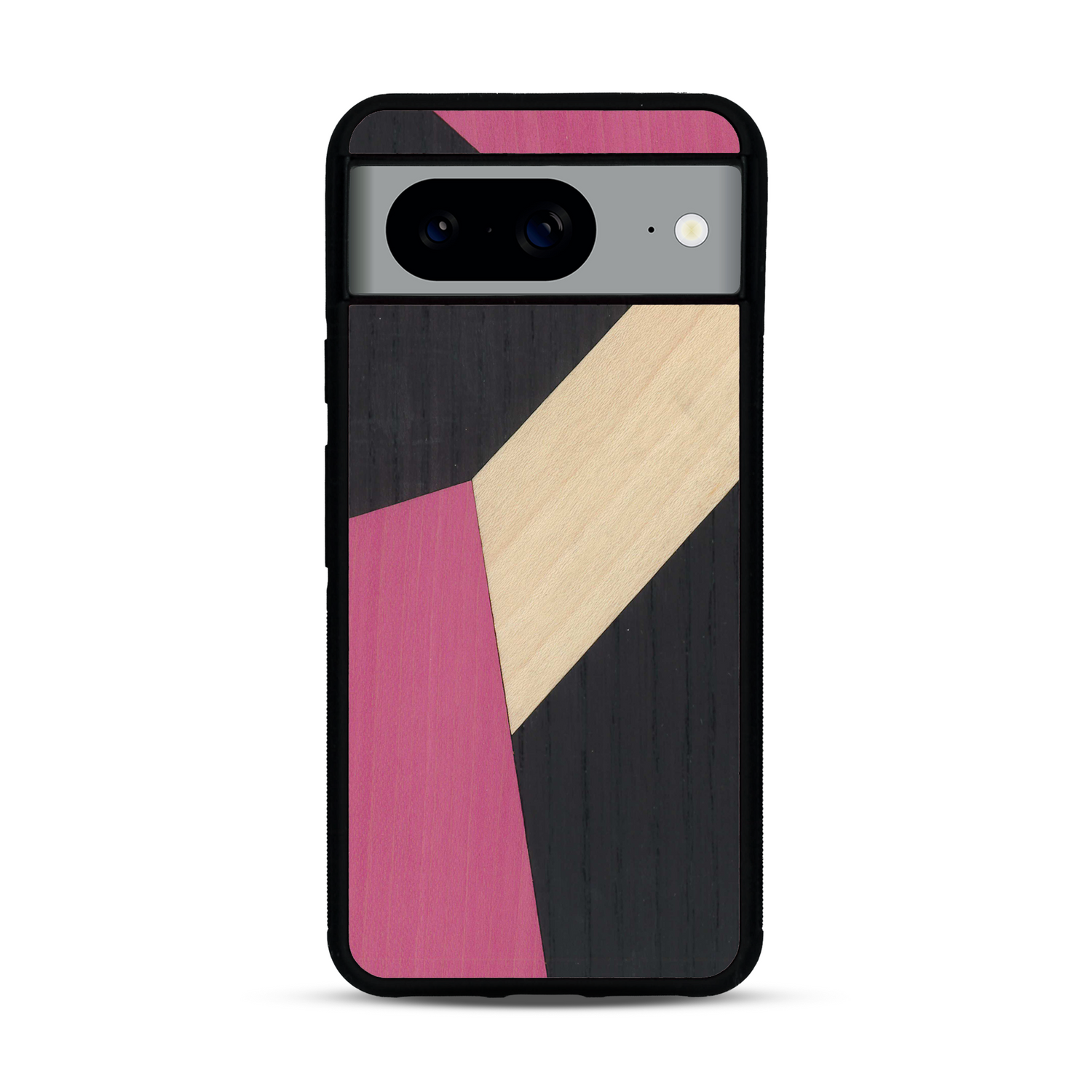 Coque de protection en bois véritable fabriquée en France pour  alliant du bambou, du tulipier rose et noir en forme de mosaïque minimaliste sur le thème de l'art abstrait
