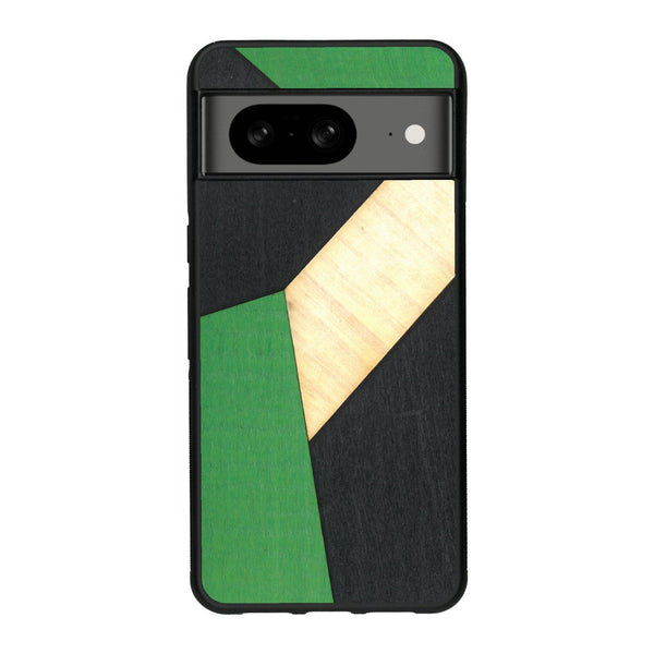 Coque de protection en bois véritable fabriquée en France pour Google Pixel 8 alliant du bambou, du tulipier vert et noir en forme de mosaïque minimaliste sur le thème de l'art abstrait