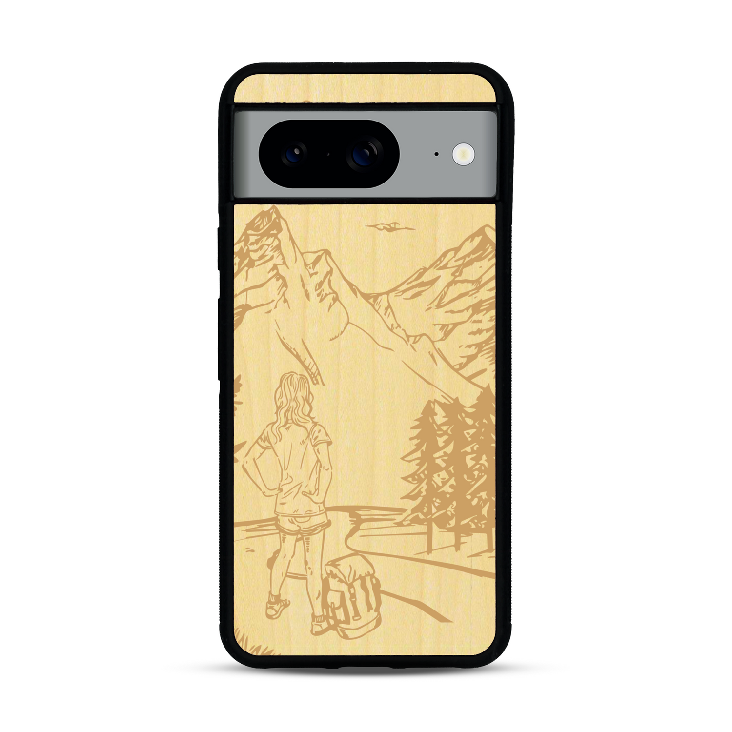Coque de protection en bois véritable fabriquée en France pour  sur le thème de la randonnée en montagne et de l'aventure avec une gravure représentant une femme de dos face à un paysage de nature