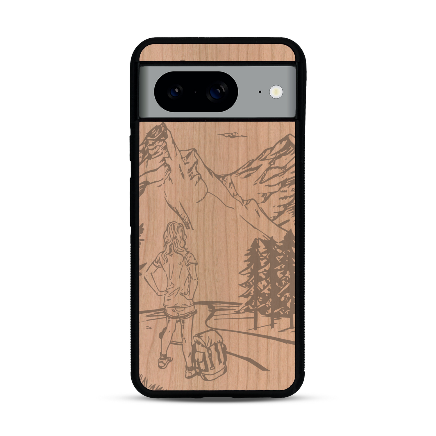 Coque de protection en bois véritable fabriquée en France pour  sur le thème de la randonnée en montagne et de l'aventure avec une gravure représentant une femme de dos face à un paysage de nature