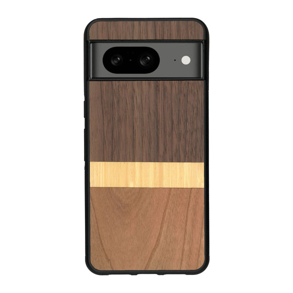 Coque de protection en bois véritable fabriquée en France pour Google Pixel 8 alliant des bandes horizontales de bambou, merisier et noyer