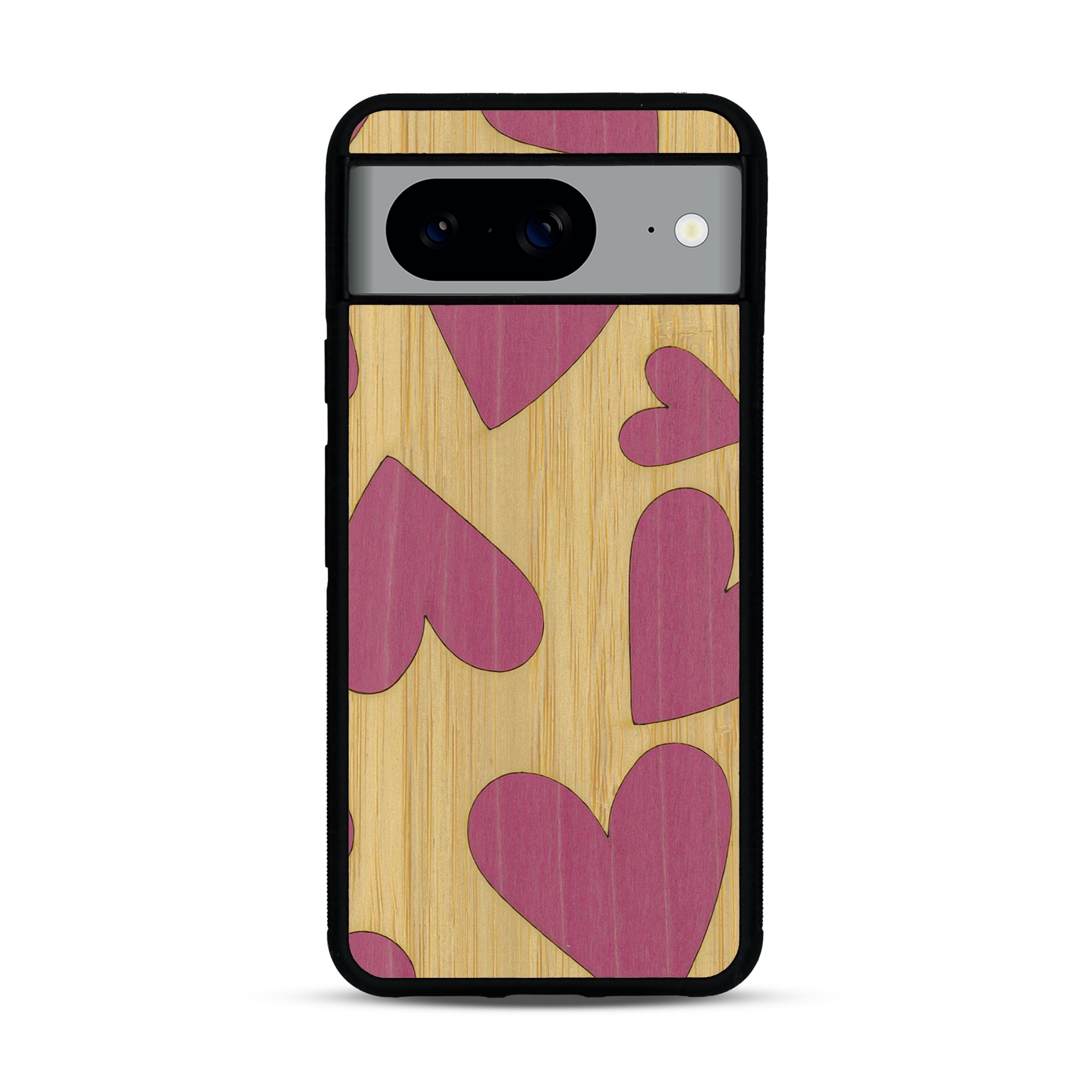 Coque de protection en bois véritable fabriquée en France pour  alliant plusieurs essences de bois pour représenter des coeurs pour les amoureux