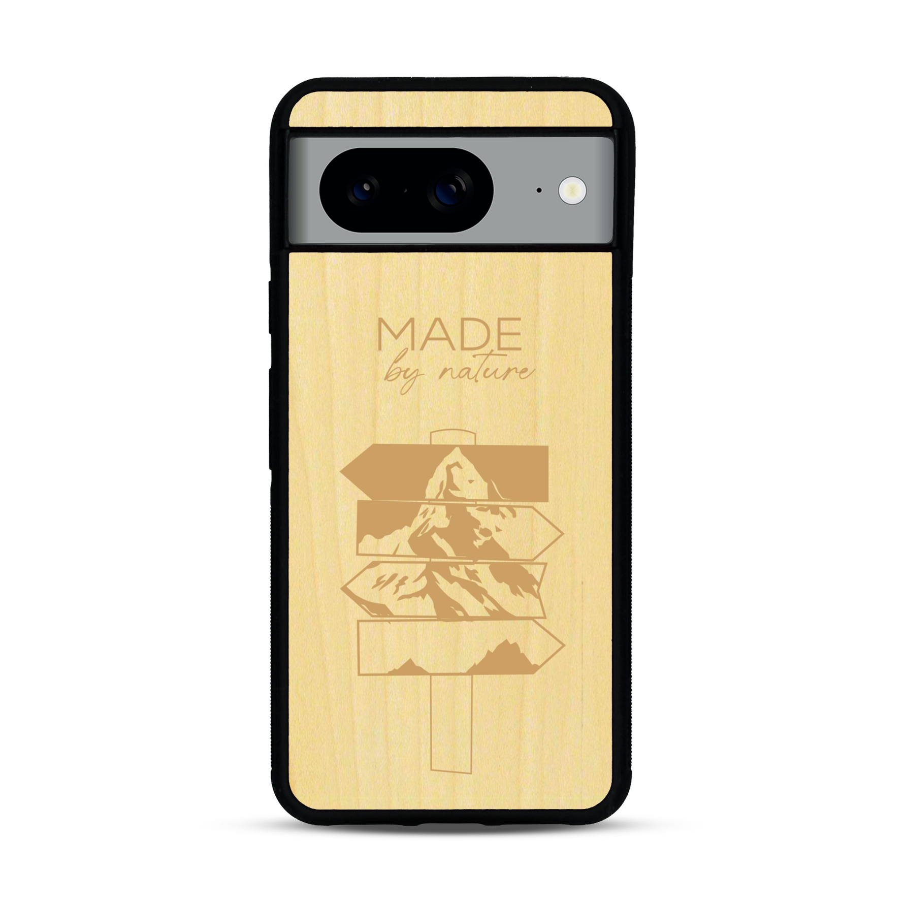 Coque de protection en bois véritable fabriquée en France pour  sur le thème de la nature et des arbres avec une gravure représentant une pomme de pin et la phrase "made by nature"