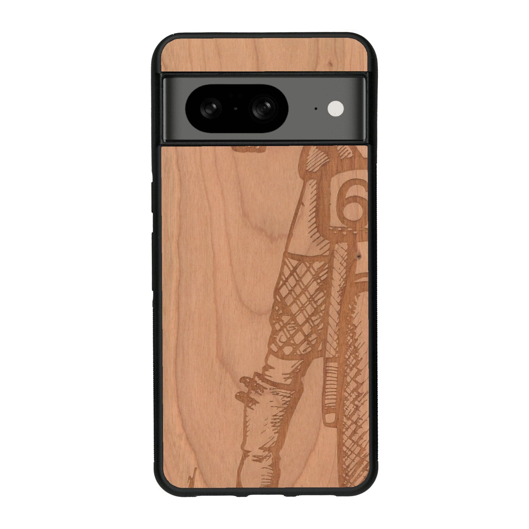 Coque de protection en bois véritable fabriquée en France pour Google Pixel 8 représentant une vue de face d'une femme sur une moto vintage dessinée à la main par l'artiste Maud Dabs