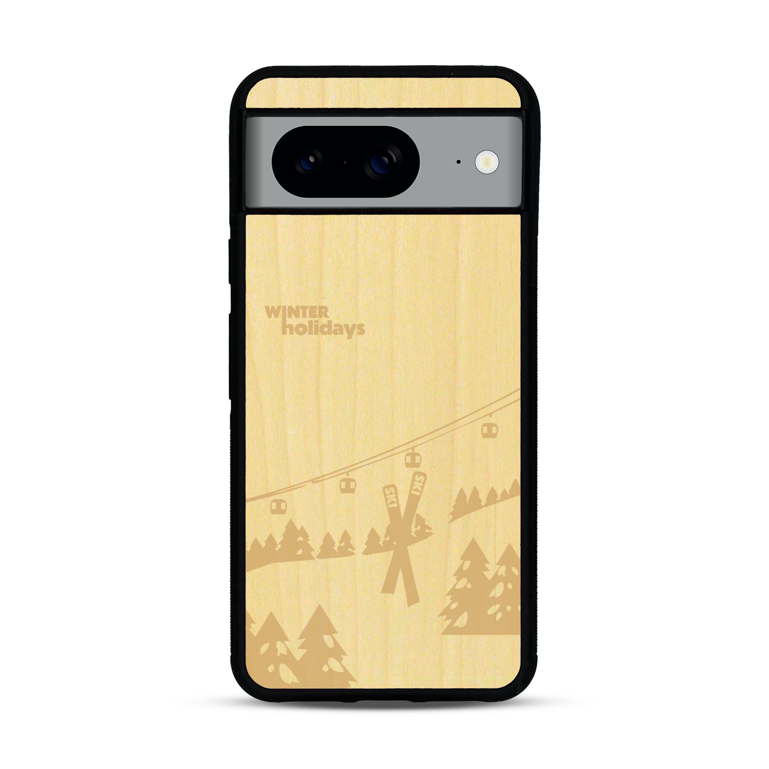 Coque de protection en bois véritable fabriquée en France pour  sur le thème de la montagne, du ski et de la neige avec un motif représentant une paire de ski plantée dans la neige avec en fond des montagnes enneigées