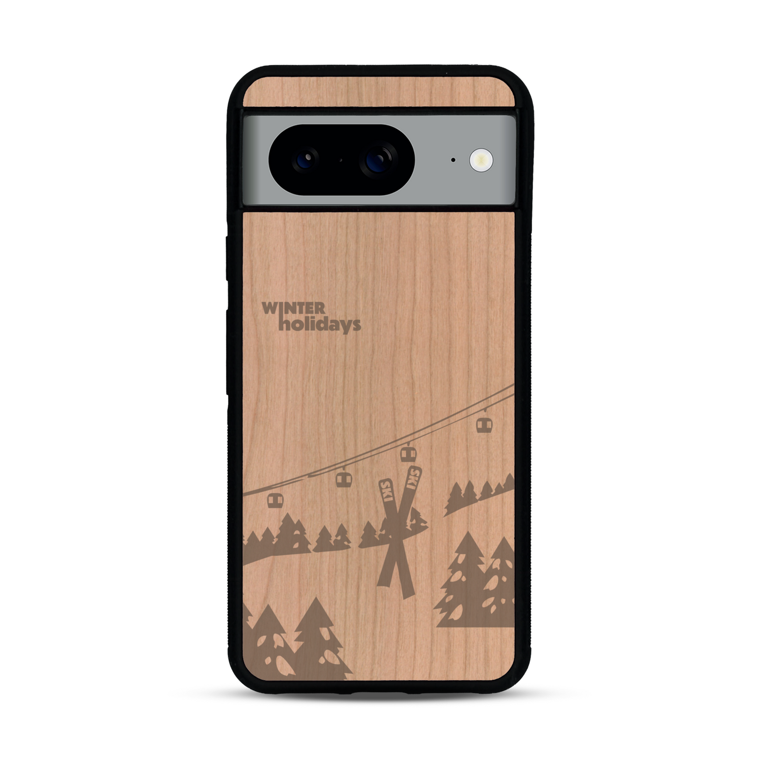 Coque de protection en bois véritable fabriquée en France pour  sur le thème de la montagne, du ski et de la neige avec un motif représentant une paire de ski plantée dans la neige avec en fond des montagnes enneigées
