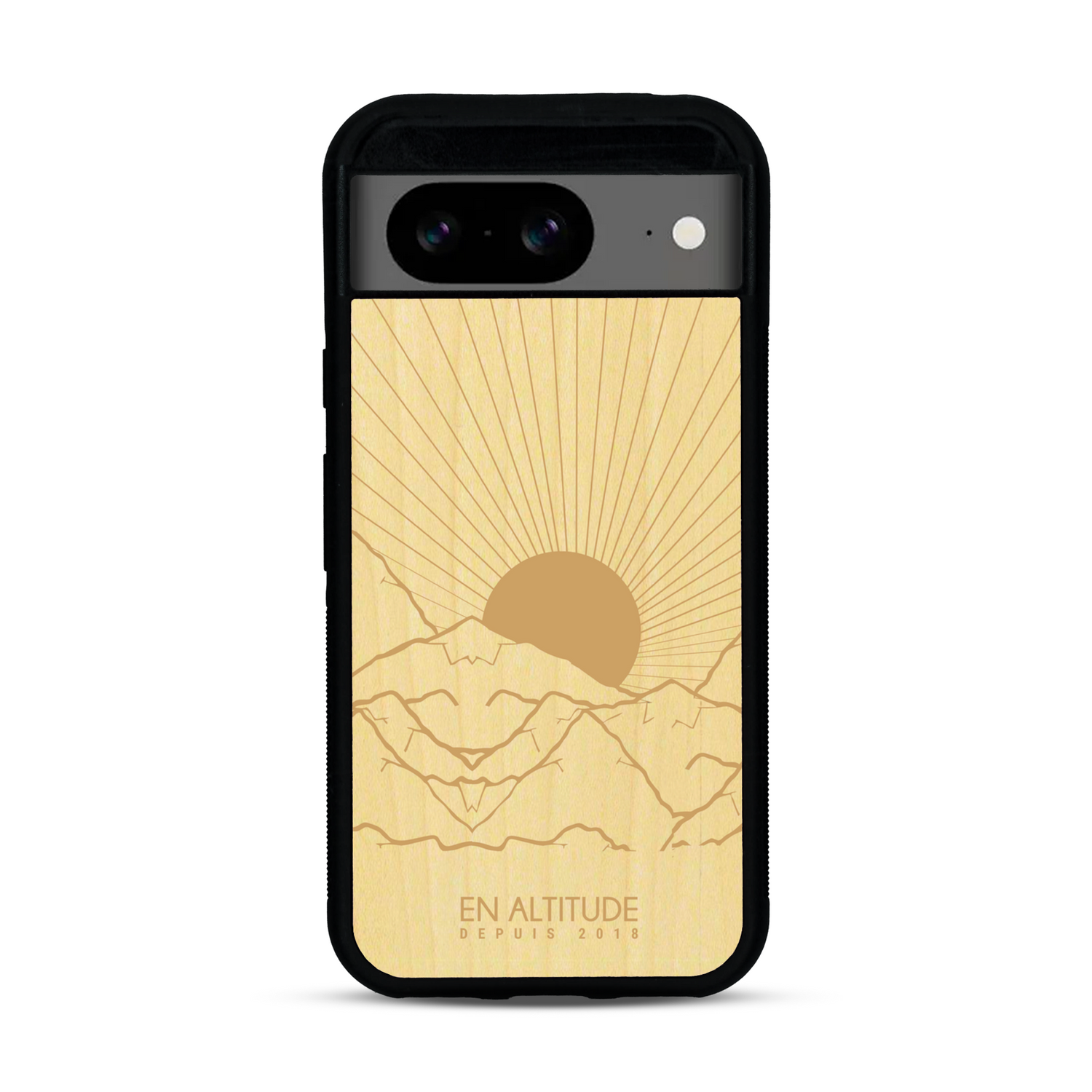 Coque de protection en bois véritable fabriquée en France pour  représentant des montagnes, sur le thème de la randonnée en pleine nature et du trail