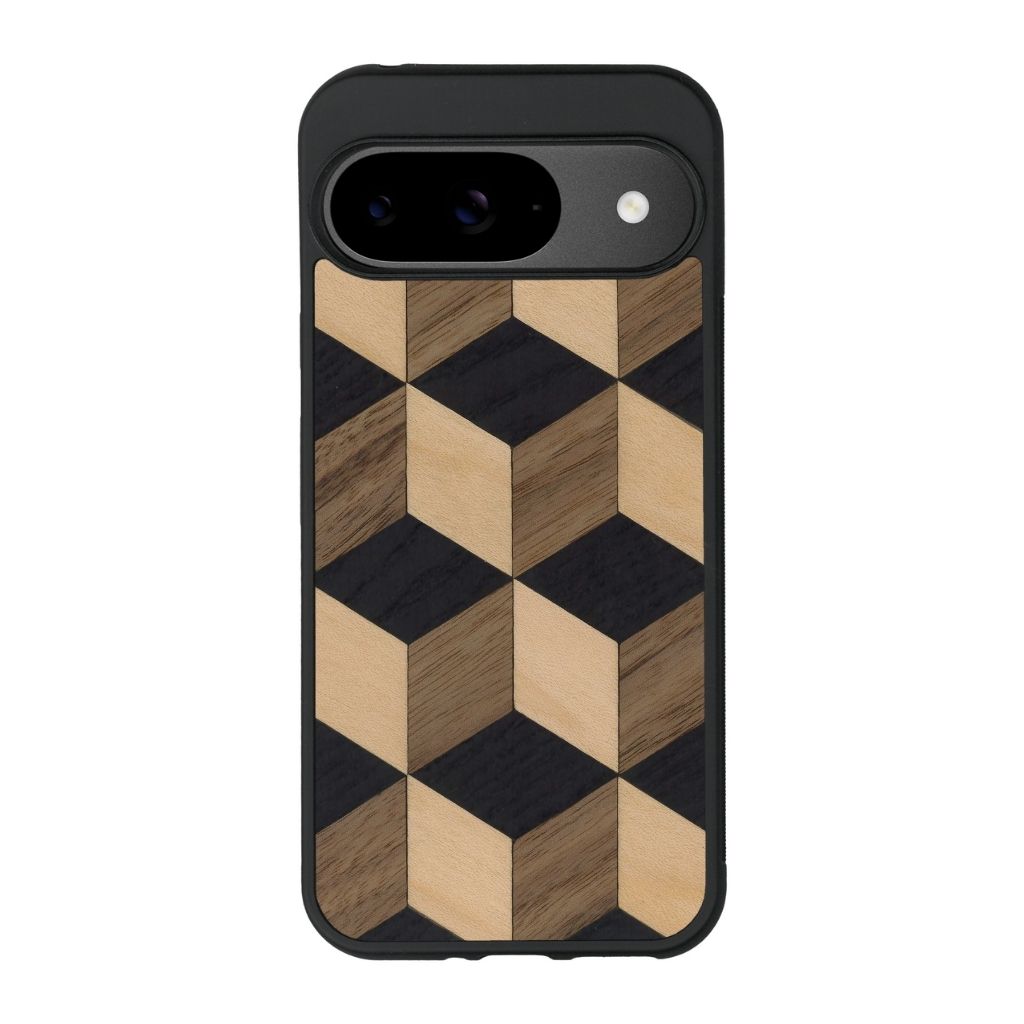 Coque de protection en bois véritable fabriquée en France pour Google Pixel 8A alliant plusieurs essences de bois pour représenter un classique intemporel de la marqueterie