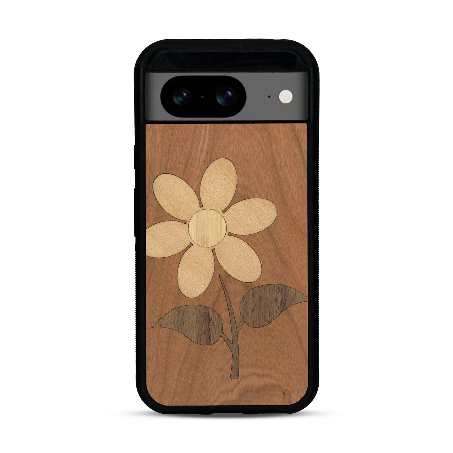 Coque de protection en bois véritable fabriquée en France pour  alliant plusieurs essences de bois pour représenter une marguerite