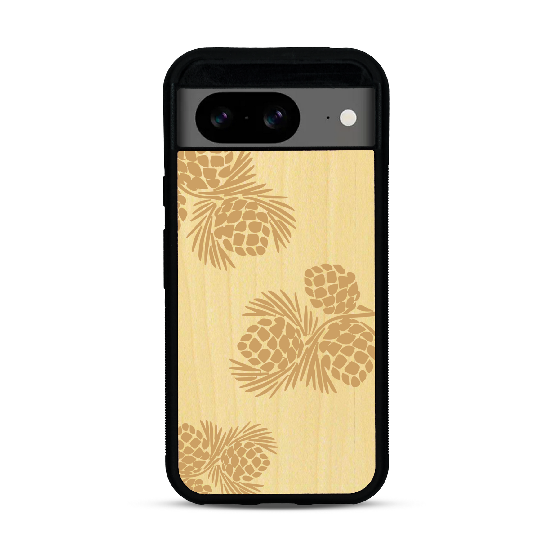 Coque de protection en bois véritable fabriquée en France pour  sur le thème de la nature des arbres avec un motif de gravure représentant des épines de sapin et des pommes de pin