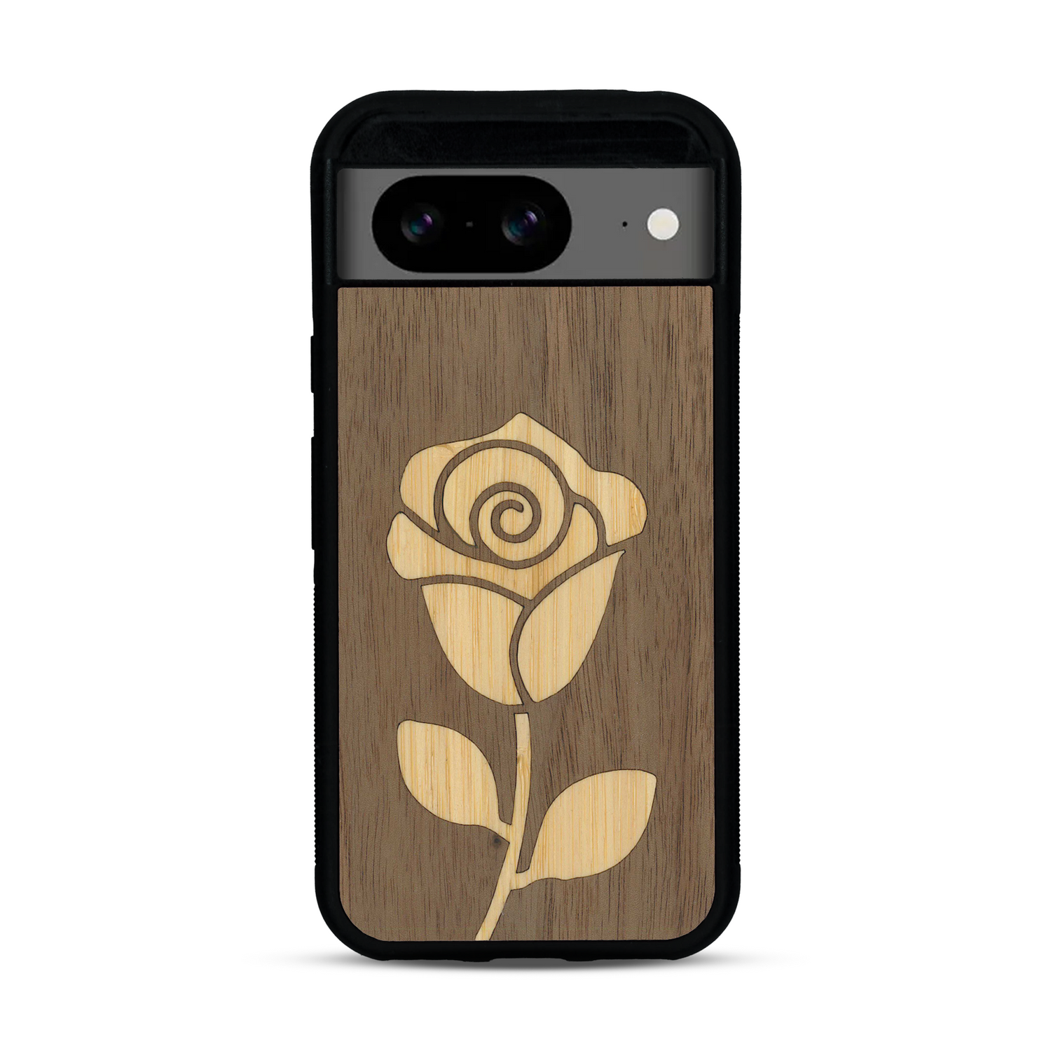 Coque de protection en bois véritable fabriquée en France pour  alliant plusieurs essences de bois pour représenter une rose