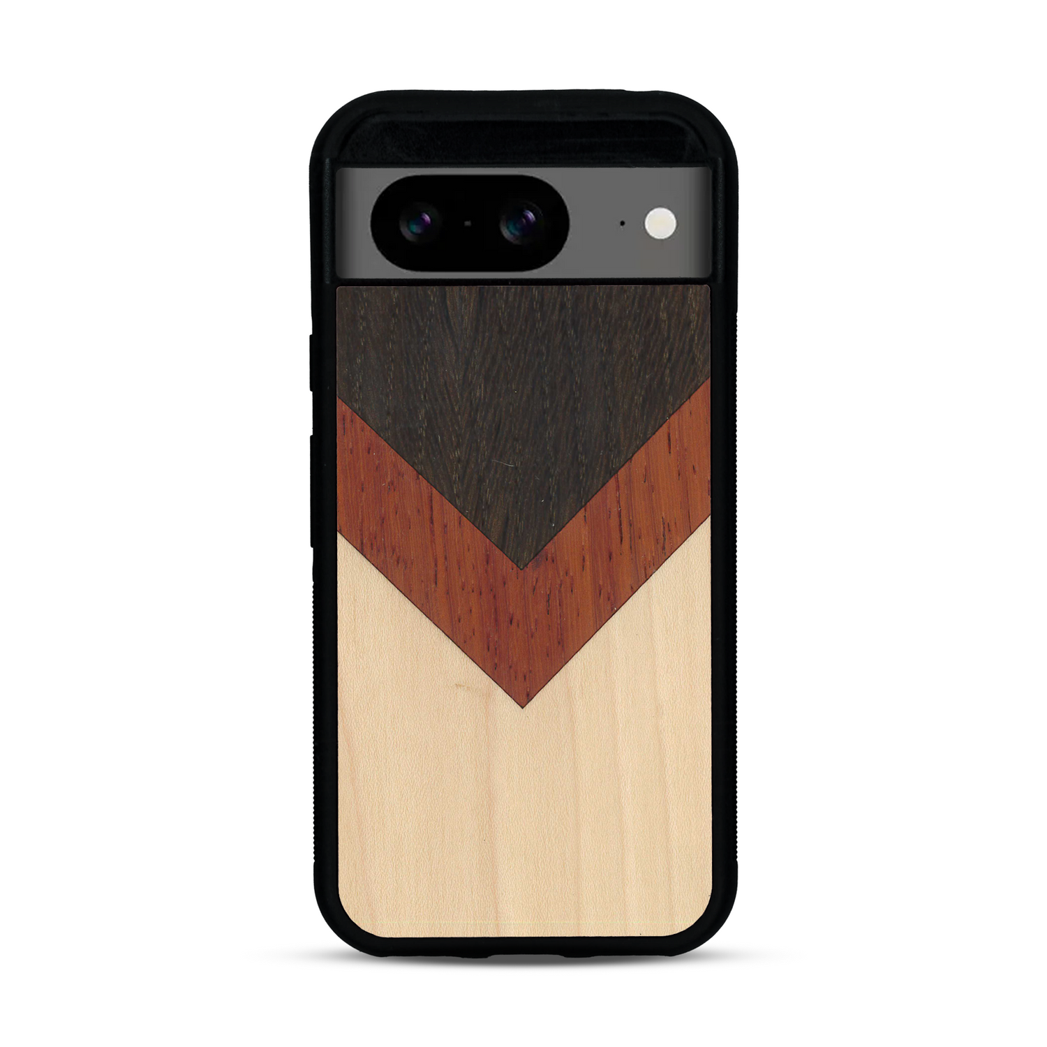 Coque de protection en bois véritable fabriquée en France pour  alliant du chêne fumé, du padouk et du bambou en forme de chevron sur le thème de l'art abstrait