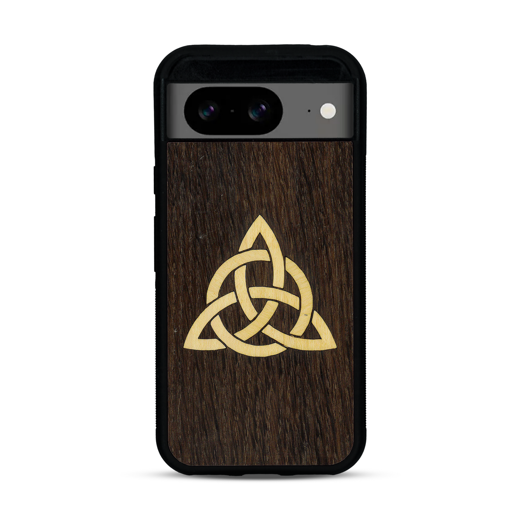 Coque de protection en bois véritable fabriquée en France pour  alliant du chêne fumé et du bambou représentant une triquetra