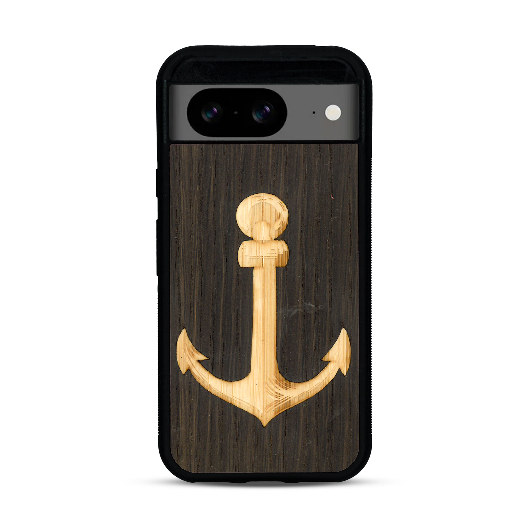 Coque de protection en bois véritable fabriquée en France pour  sur le thème nautique avec un bois clair et un bois foncé représentant une ancre de bateau