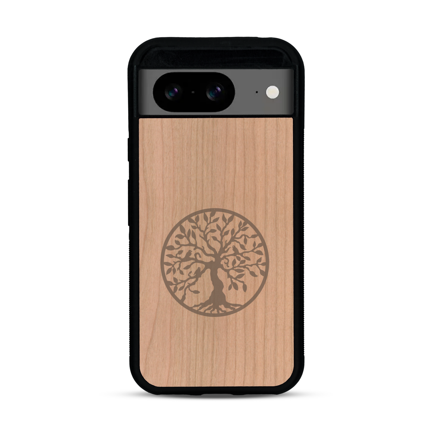 Coque de protection en bois véritable fabriquée en France pour  sur le thème de la spiritualité et du yoga avec une gravure zen représentant un arbre de vie
