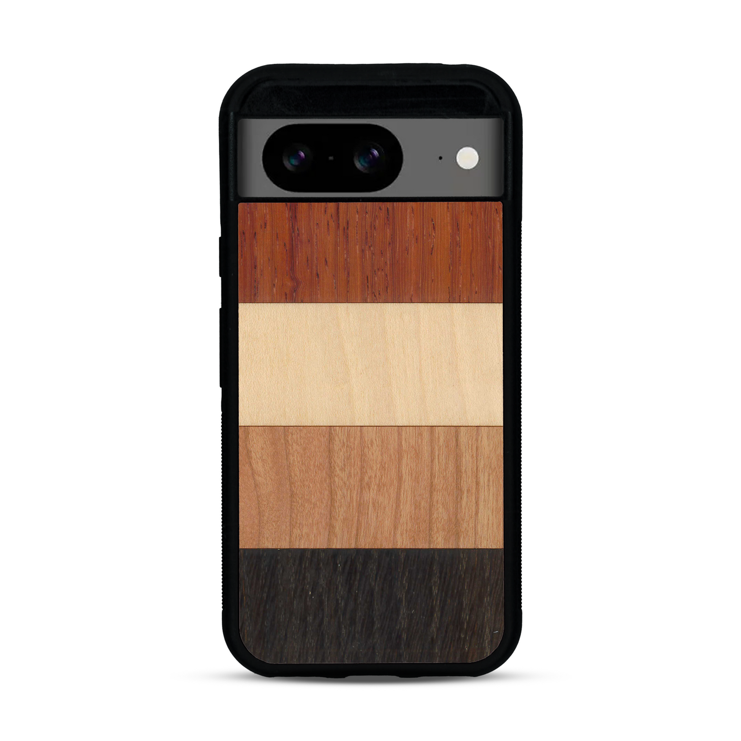 Coque de protection en bois véritable fabriquée en France pour  alliant des bandes horizontales de bambou, merisier, padouk, noyer et chêne fumé