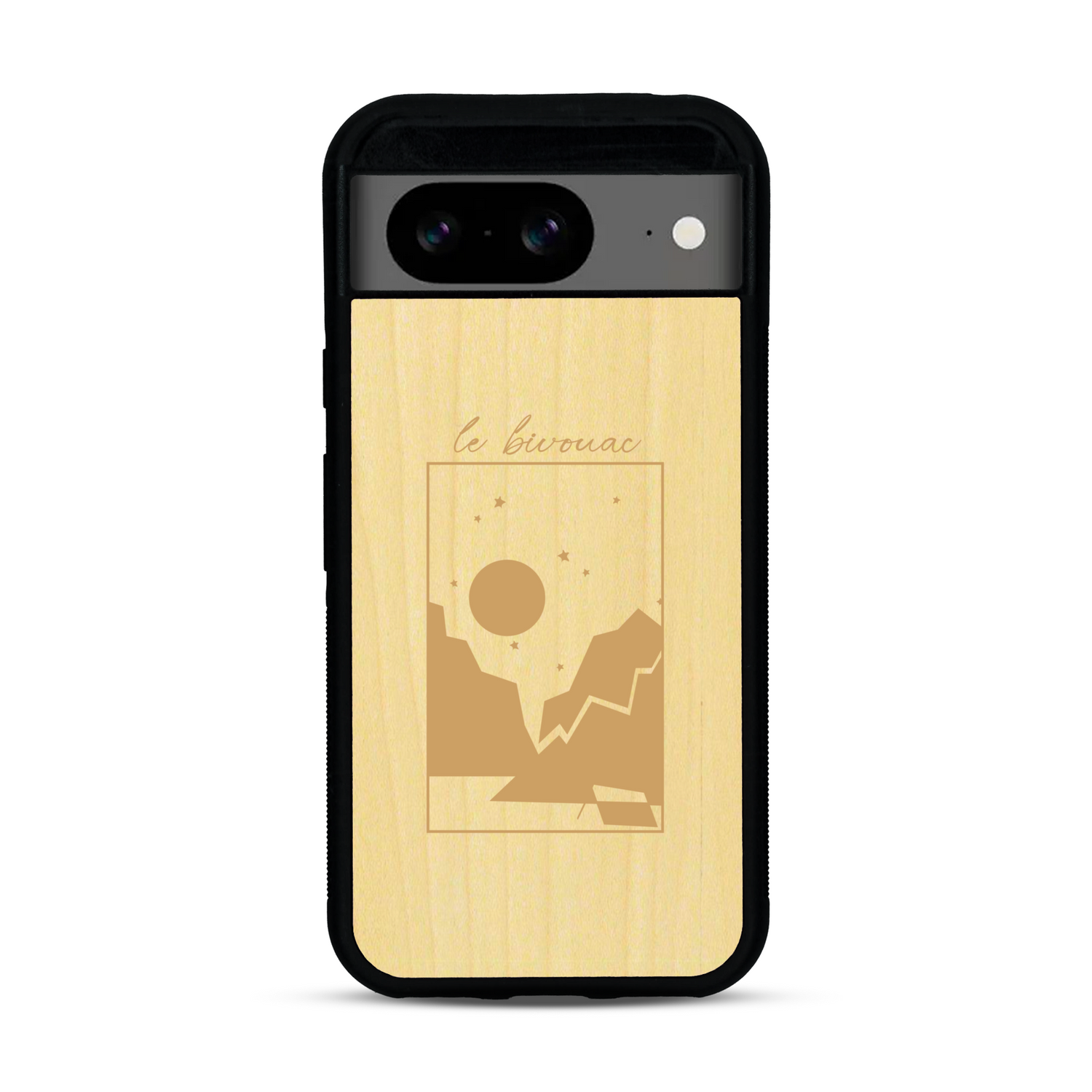 Coque de protection en bois véritable fabriquée en France pour  sur le thème du camping en pleine nature et du bivouac avec la phrase "Aventure is out there"