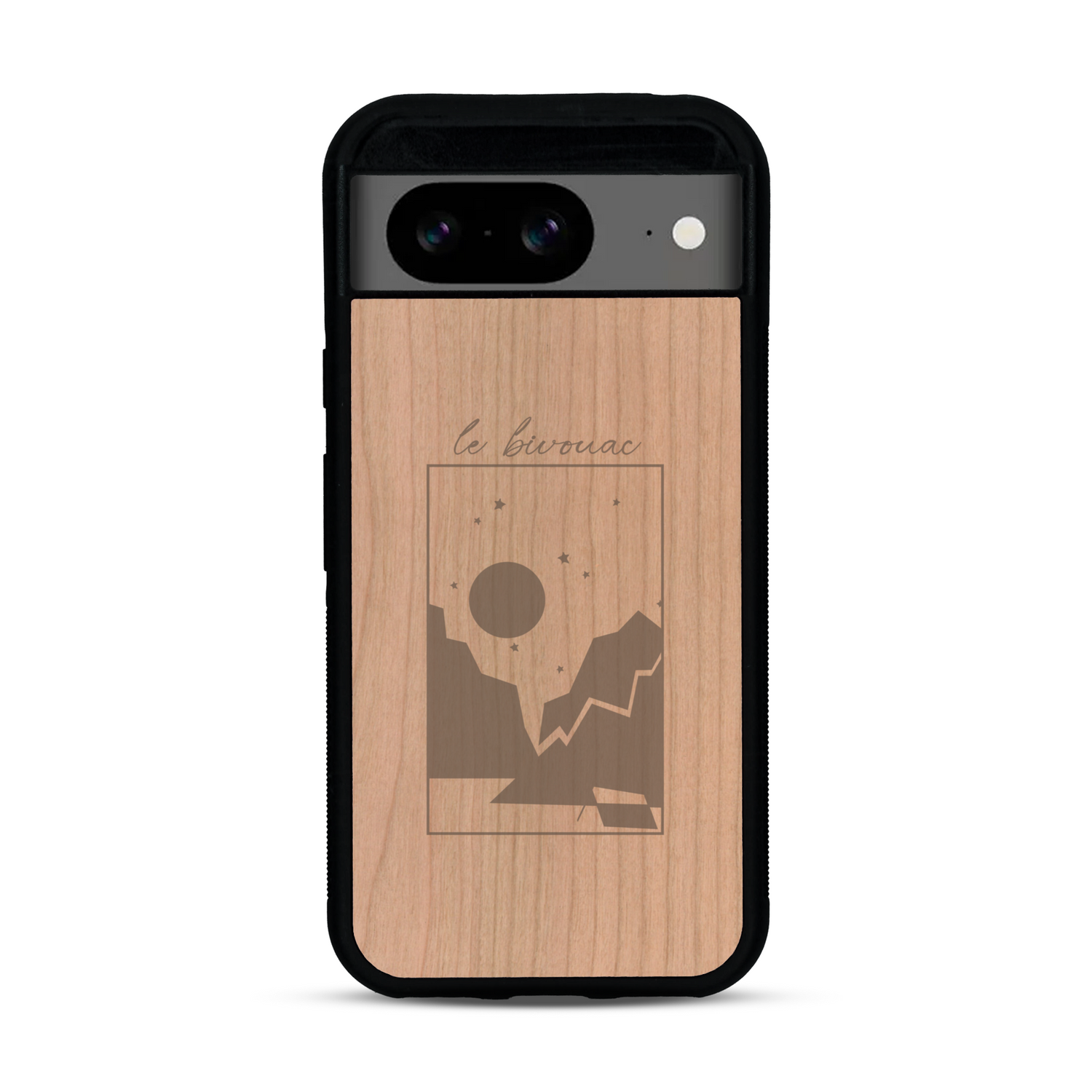 Coque de protection en bois véritable fabriquée en France pour  sur le thème du camping en pleine nature et du bivouac avec la phrase "Aventure is out there"