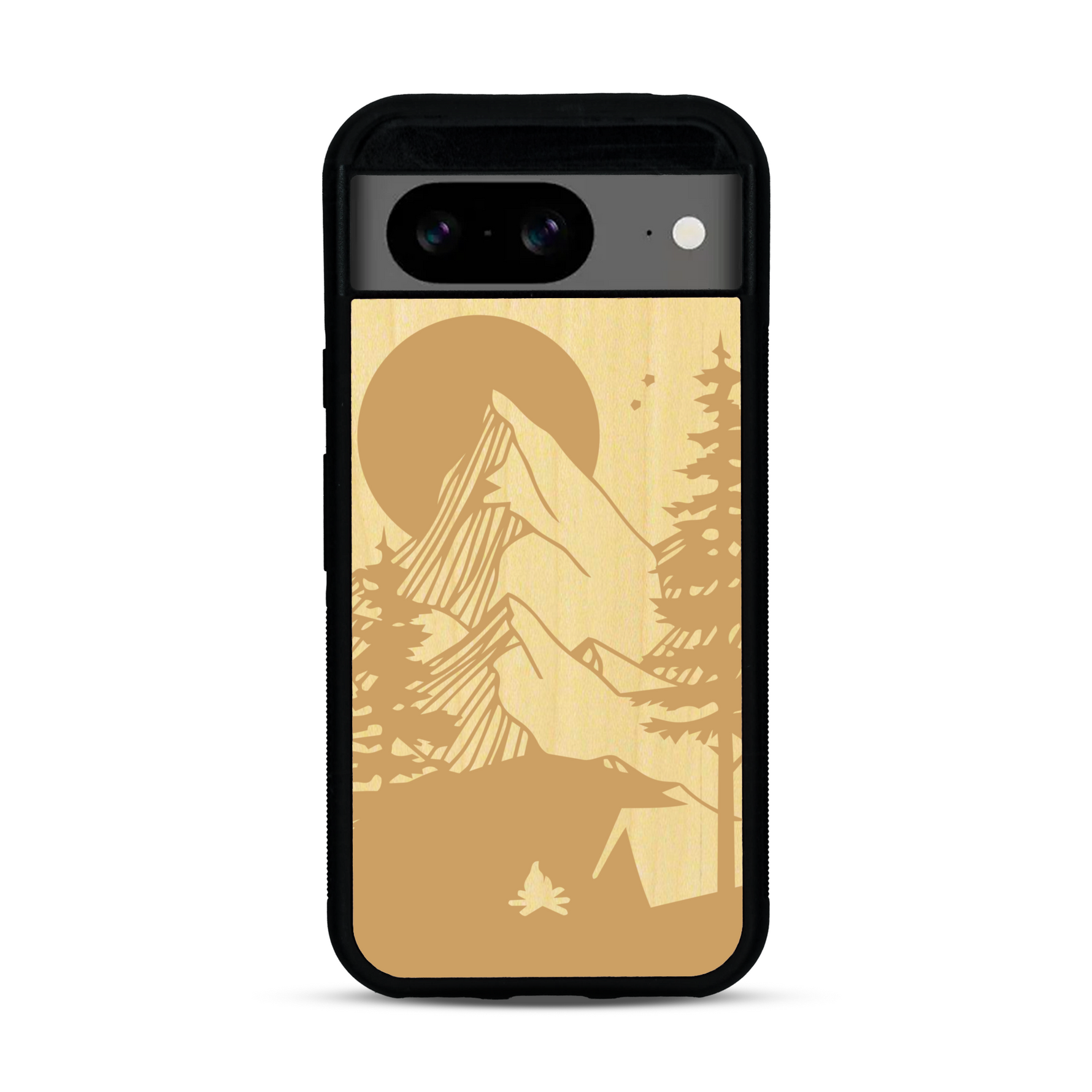 Coque de protection en bois véritable fabriquée en France pour  sur le thème du camping en pleine nature représentant une tente avec un feu de camp entouré de montagnes