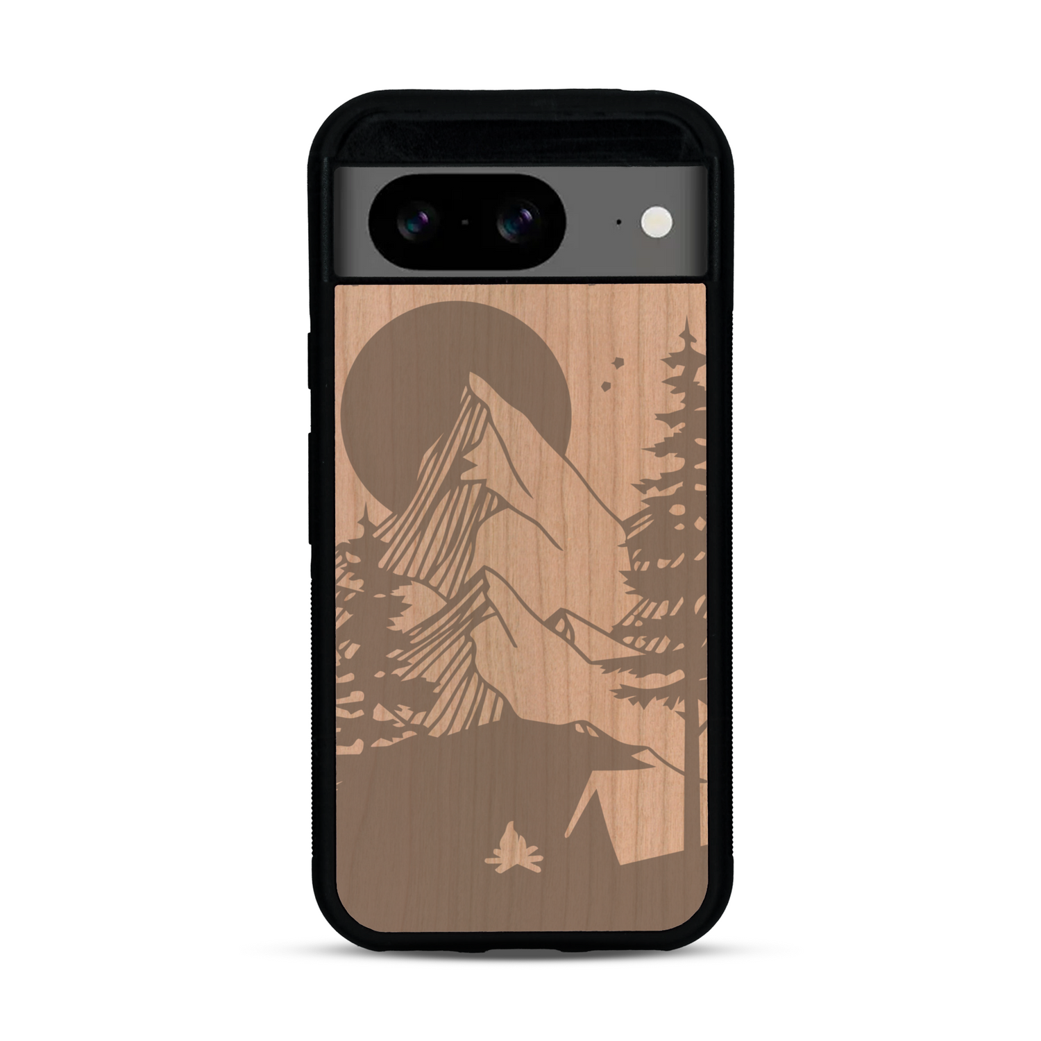 Coque de protection en bois véritable fabriquée en France pour  sur le thème du camping en pleine nature représentant une tente avec un feu de camp entouré de montagnes