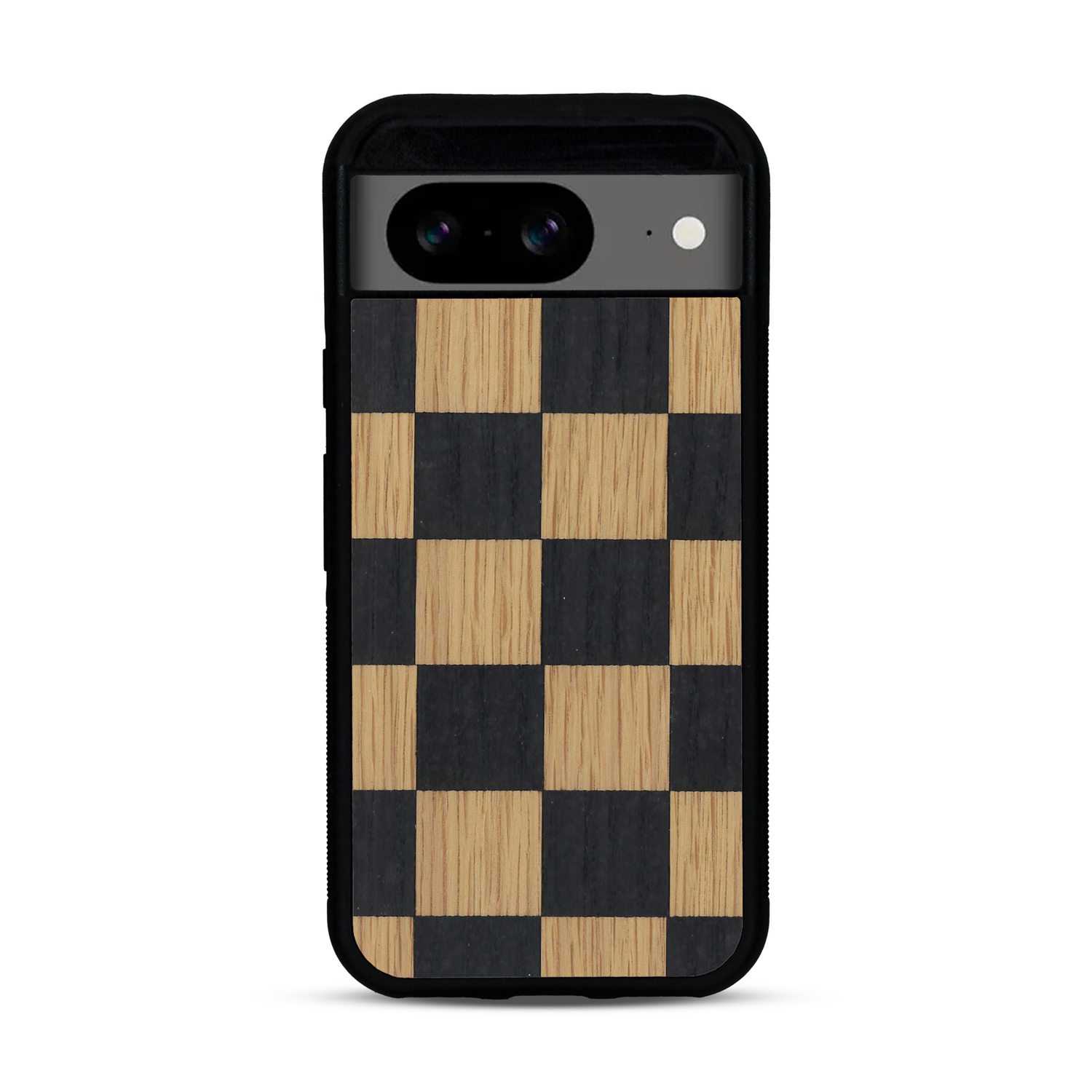 Coque de protection en bois véritable fabriquée en France pour  alliant plusieurs essences de bois pour représenter un damier
