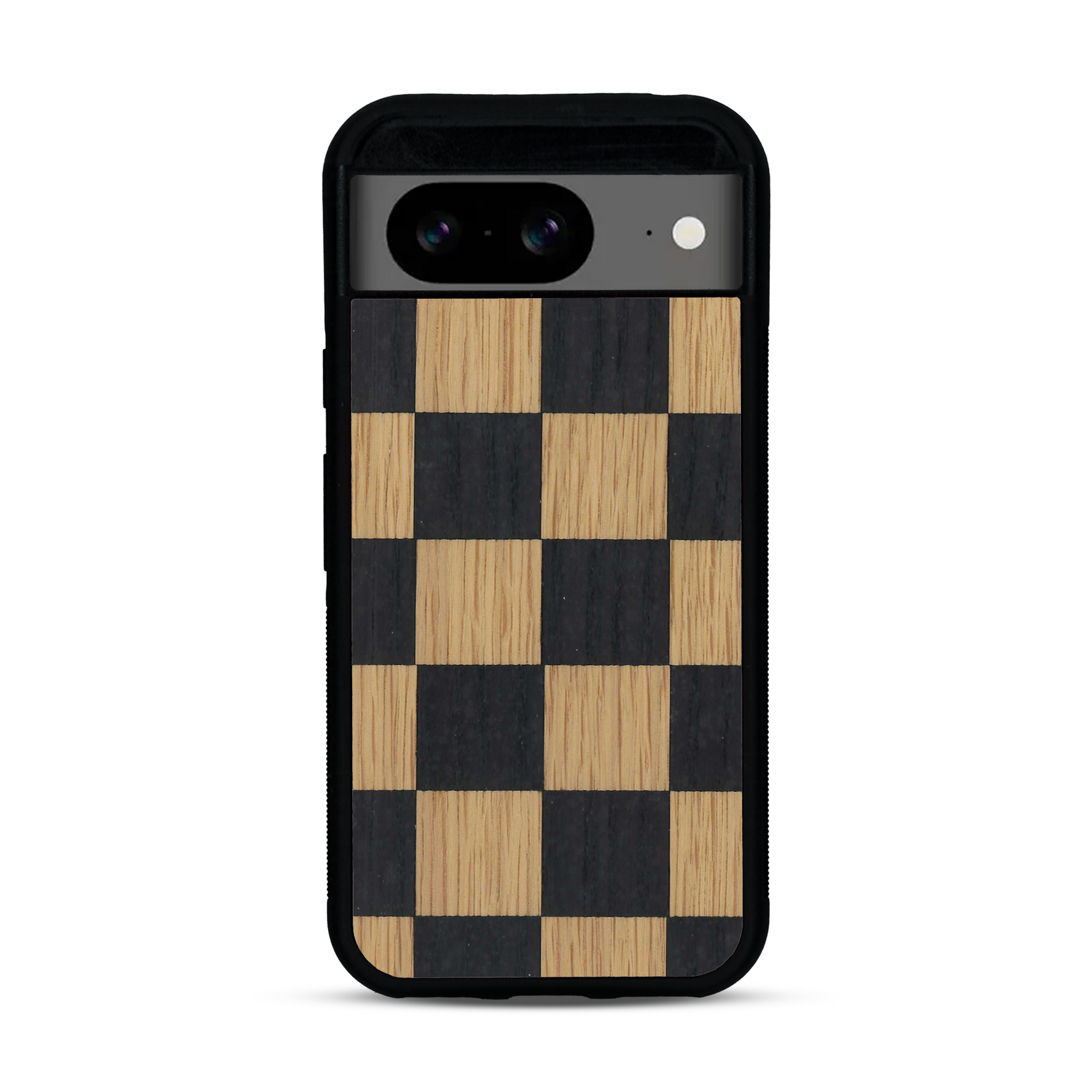 Coque de protection en bois véritable fabriquée en France pour  alliant plusieurs essences de bois pour représenter un damier