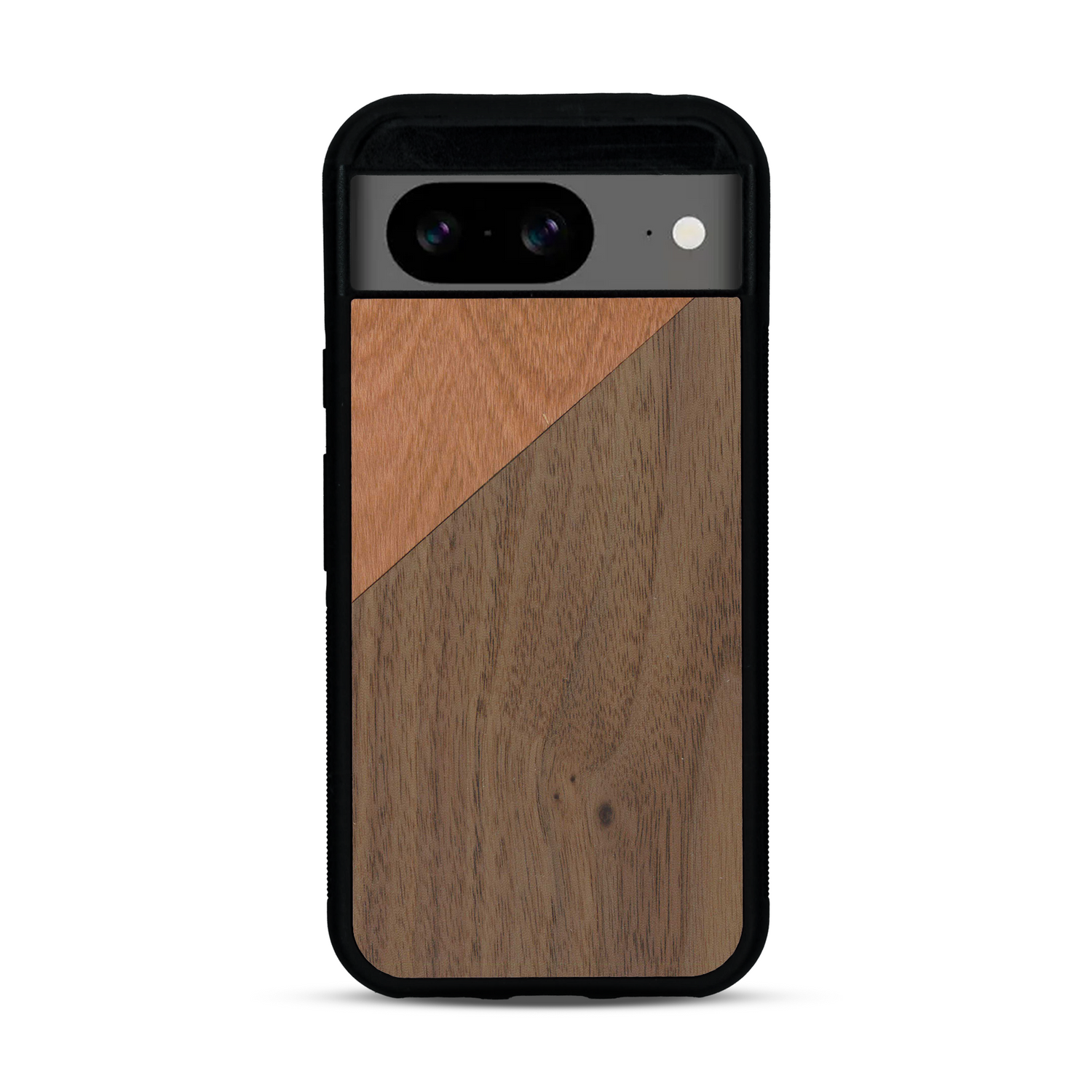 Coque de protection en bois véritable fabriquée en France pour  alliant du merisier et du noyer formant chacun un triangle avec une jointure en diagonale sur le thème de l'art abstrait